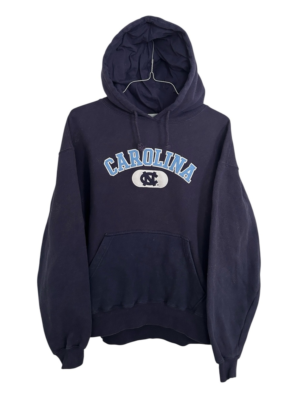 J. America Navy and Light Blue Pullover‎ Hoodie. Sewn on patches.